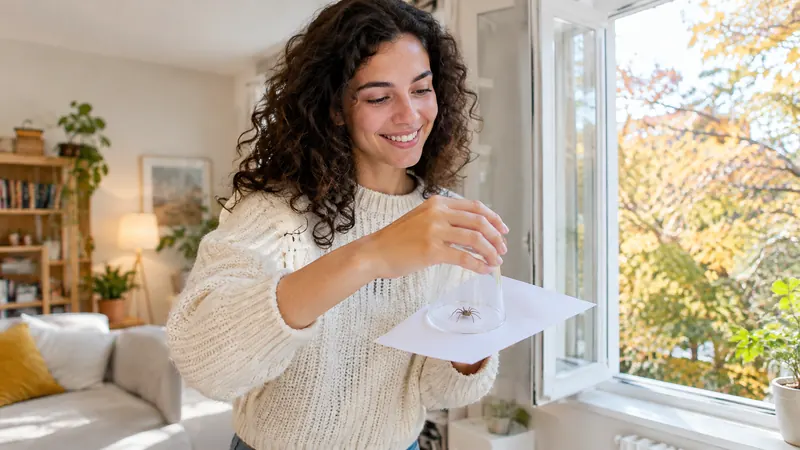 Une jeune femme souriante tient un verre retourné sur une feuille de papier pour emmener une araignée vers la fenêtre ouverte