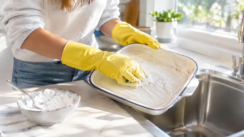 Mains en gants de caoutchouc jaunes frottant un plat à gratin émaillé avec une pâte blanche et une éponge, près d'un évier en inox