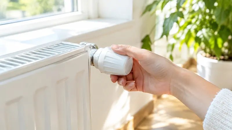 Gros plan sur une main qui tourne la tête thermostatique d'un radiateur blanc placé sous une fenêtre ensoleillée
