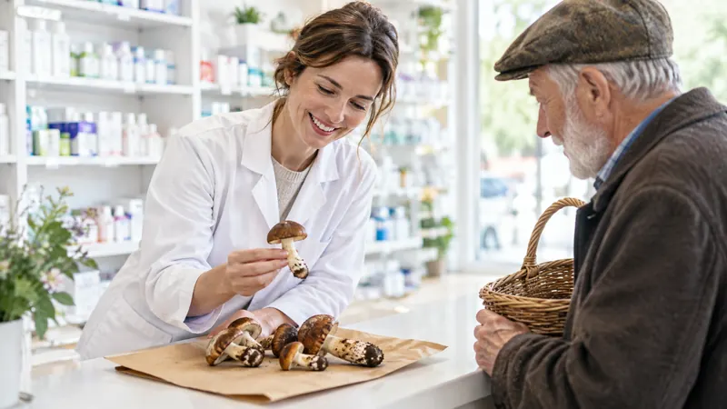 Au comptoir d'une pharmacie, une pharmacienne examine des champignons étalés sur un papier pendant qu'un homme âgé attend sa réponse