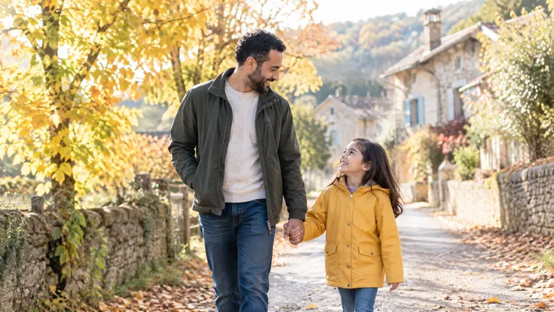 Une fillette en ciré jaune et son père se promènent main dans la main sur un chemin de campagne bordé d'arbres dorés, en fin d'après-midi