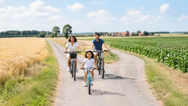Une famille à vélo sur un chemin de campagne qui se divise en deux, entre un champ de blé doré et un champ de betteraves
