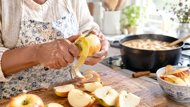 Gros plan sur des mains qui épluchent une pomme un peu ridée au-dessus d'une planche en bois, près d'une casserole de compote sur le feu
