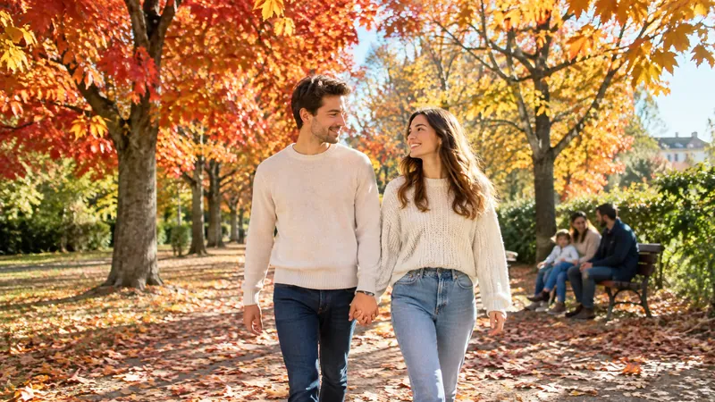 Un jeune couple souriant marche main dans la main dans une allée de parc couverte de feuilles rouges et dorées, sous un ciel bleu