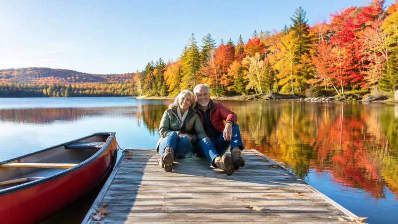 Un couple de retraités assis sur un ponton en bois, devant un lac où se reflète une forêt d'érables rouges et orangés en automne