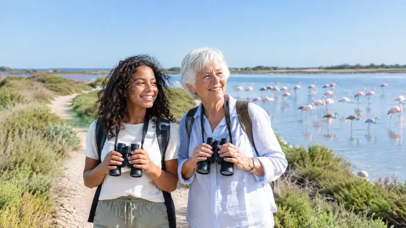 Une femme âgée et une adolescente observent aux jumelles, depuis une digue ensoleillée, des flamants roses et quelques jeunes gris-brun dans une lagune