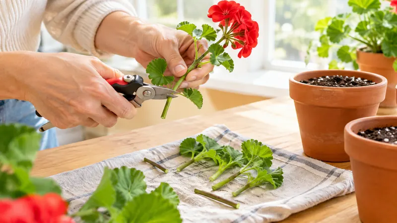 Des mains taillent une tige de géranium au sécateur sur une table en bois, près de boutures et de petits pots en terre cuite