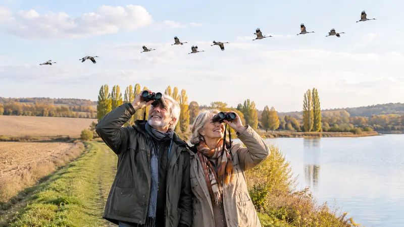 Un couple d'observateurs avec des jumelles regarde un vol de grues au-dessus des champs, au bord d'une digue