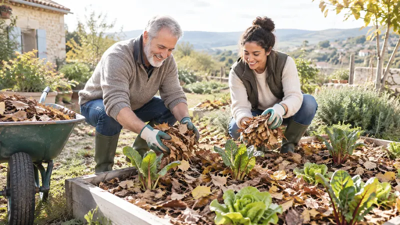 Un homme d'une soixantaine d'années et une jeune femme étalent un épais paillis de feuilles mortes autour de jeunes salades et de blettes