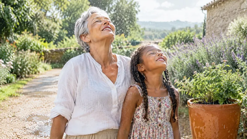 Une grand-mère et sa petite-fille, yeux fermés et sourire aux lèvres, hument l'air sous les premières gouttes d'une averse d'été au jardin