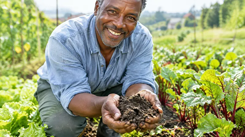 Gros plan sur les mains d'un jardinier qui tiennent une poignée de terre brune et humide, au-dessus d'un potager mouillé par la pluie