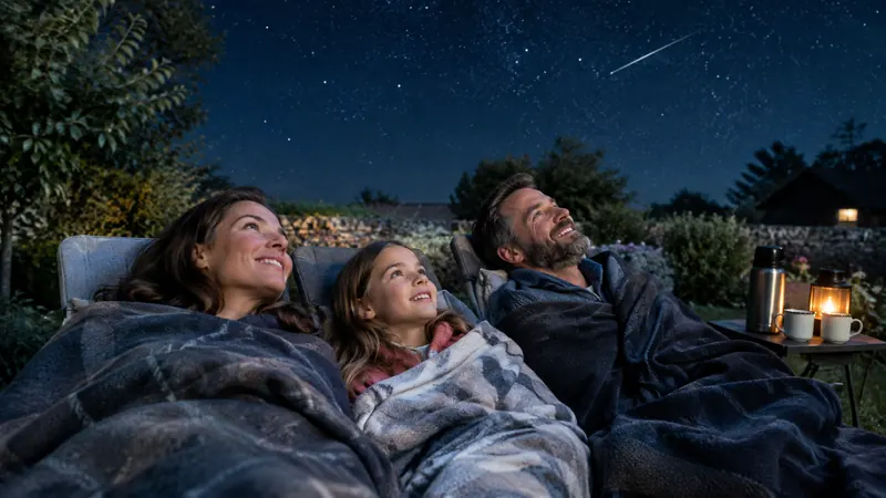 Une famille allongée sur des chaises longues sous des couvertures, dans un jardin à la campagne, observe le ciel étoilé de la nuit