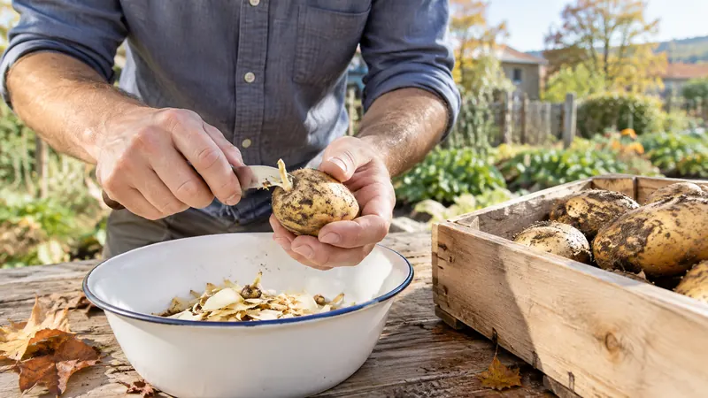 Gros plan sur des mains qui épluchent une pomme de terre terreuse au-dessus d'une bassine émaillée, près d'une cagette, devant un potager