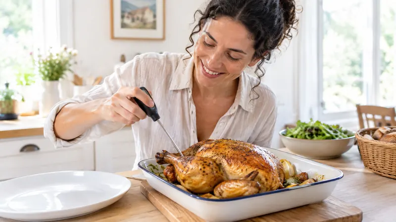 Une femme d'une trentaine d'années pique la sonde d'un thermomètre de cuisine au plus épais de la cuisse d'un poulet rôti doré