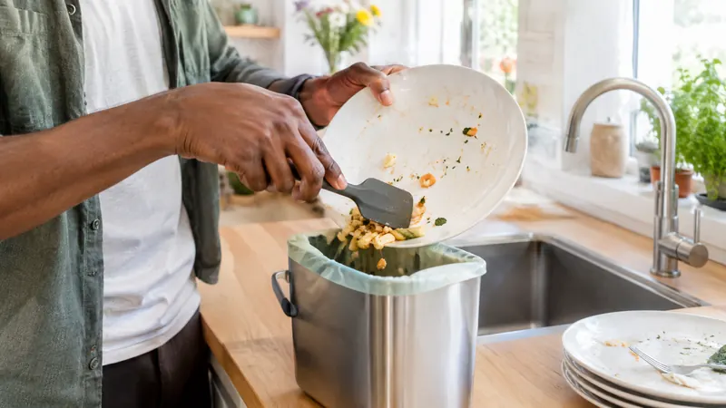 Gros plan sur des mains qui raclent à la spatule des restes de pâtes d'une assiette vers un bac à compost, près d'un évier au robinet fermé