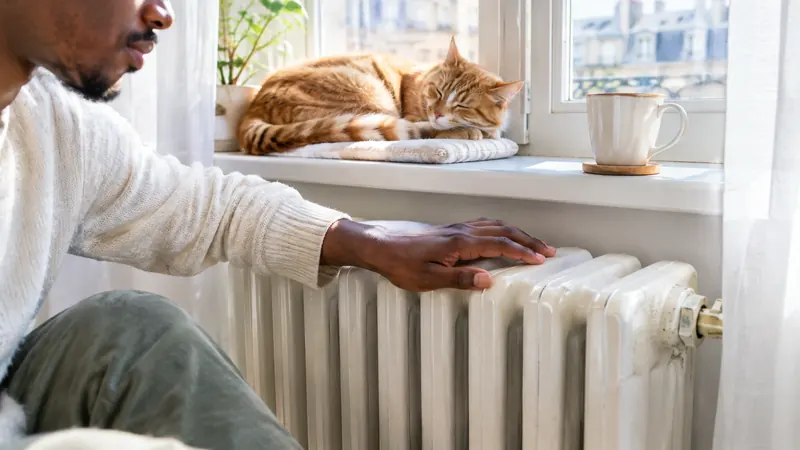 Main posée à plat sur un vieux radiateur blanc en fonte pour vérifier qu'il chauffe, un chat roux endormi sur le rebord de la fenêtre