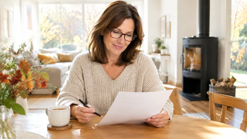 Une femme lit un document à la table de la cuisine pendant qu'un poêle à bois éteint et propre attend dans le salon derrière elle