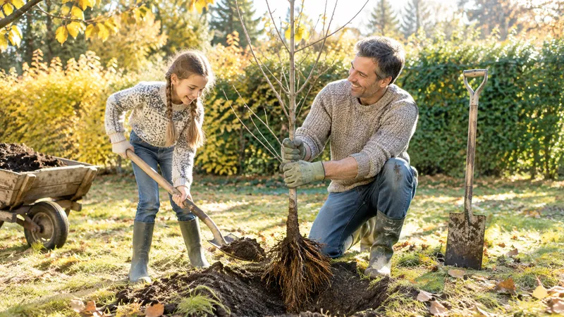 Un père et sa fille plantent un jeune pommier à racines nues dans un jardin d'automne, à côté d'une brouette et d'une bêche